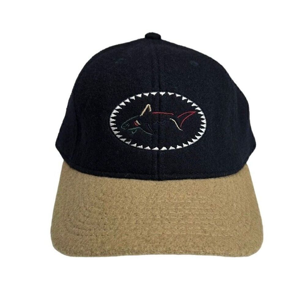 Vintage 90s Greg Norman Shark Golf Adjustable Baseball Cap Hat Navy Blue Tan